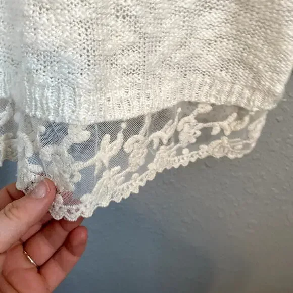 Pink Rose Boutique Womens 1X Plus White Lace Sweater Long Sleeve Shirt Neck Top - Picture 3 of 8